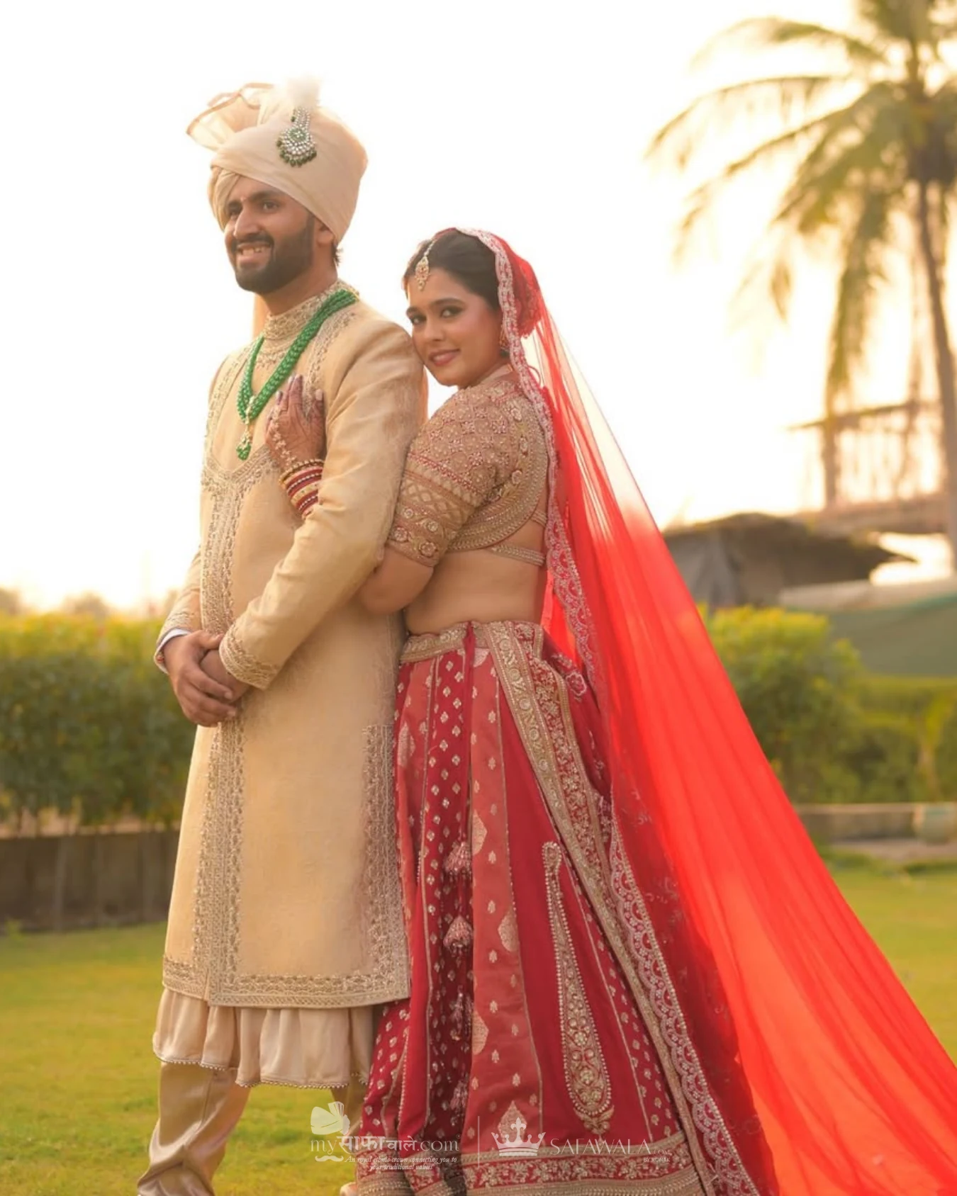 Classic groom pagdi styled with a red ceremonial stole for Bali